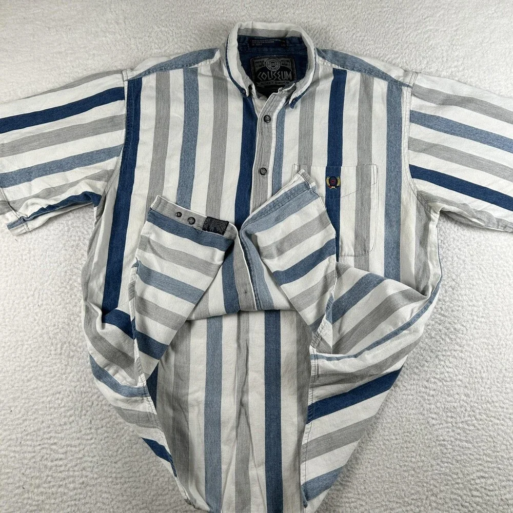 Vintage Coliseum Shirt Mens Large Blue Gray White Striped Button Up Casual 90s